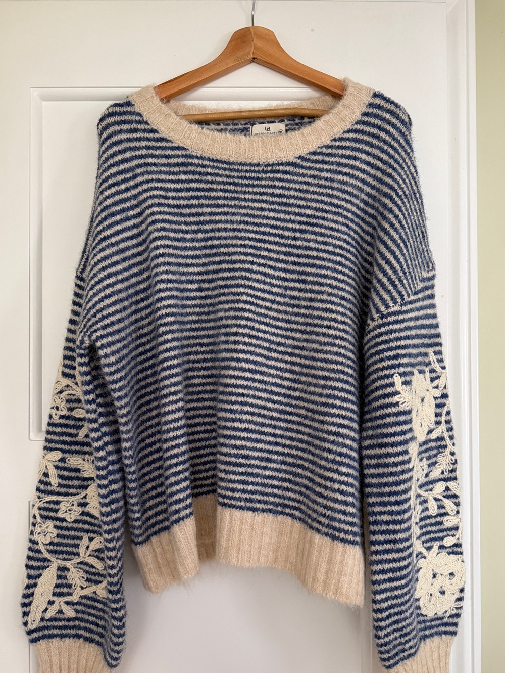 Urban Daizy Striped Blue & Cream Women's Sweater with Embroidered Sleeves